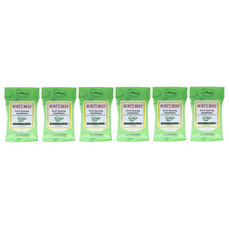 Facial Cleansing Towelettes - Cucumber and Sage by Burts Bees for Unisex - 10 Count Towelettes - Pack of 6