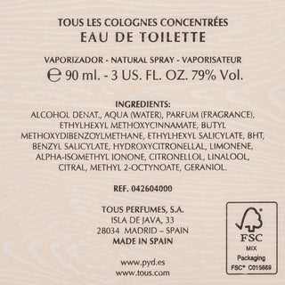 Les Colognes Concentrees by Tous for Men - 3.4 oz EDT Spray