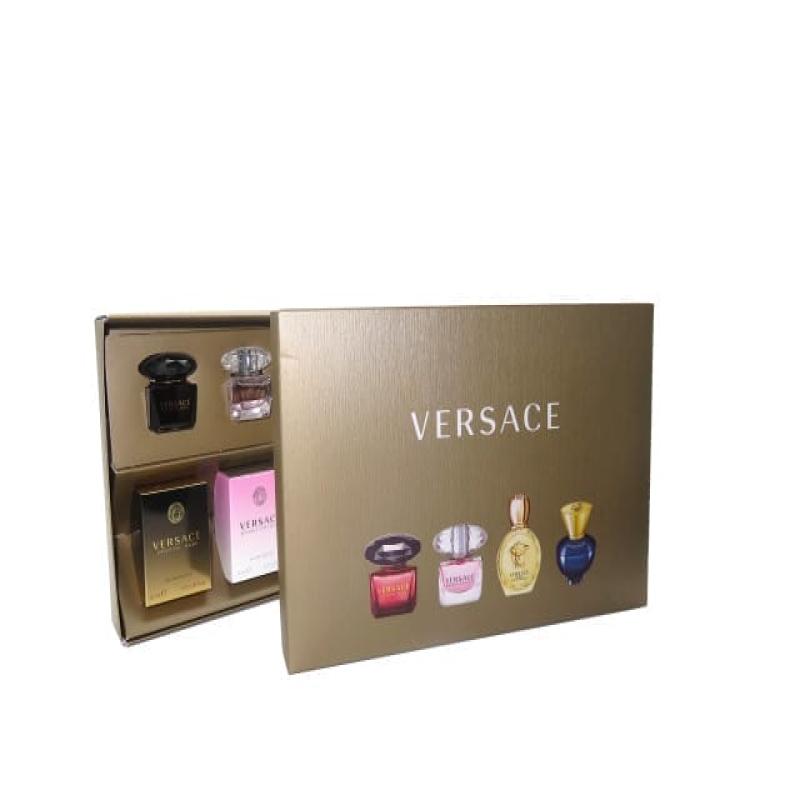 Versace 4 Pcs Mini Set For Women: Crystal Noir 0.17 Eau De Toilette + Bright Crystal 0.17 Eau De Toilette + Eros 0.17 Eau De Toilette + Dylan Blue 0.17 Eau De Parfum