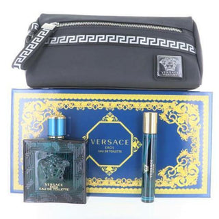 VERSACE EROS 3 PCS SET FOR MEN: 3.4 EAU DE TOILETTE + 0.3 EAU DE TOILETTE + POUCH