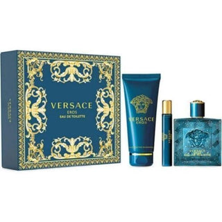 VERSACE EROS EAU DE TOILETTE 3 PCS SET FOR MEN: 3.4 EAU DE TOILETTE SPRAY + 0.34 EAU DE TOILETTE TRAVEL SPRAY + 5 OZ SHOWER GEL