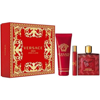 Versace Eros Flame 3 Pcs Set For Men: 3.4 Eau De Parfum Spray + 0.34 Eau De Parfum Travel Spray + 5 Oz Shower Gel