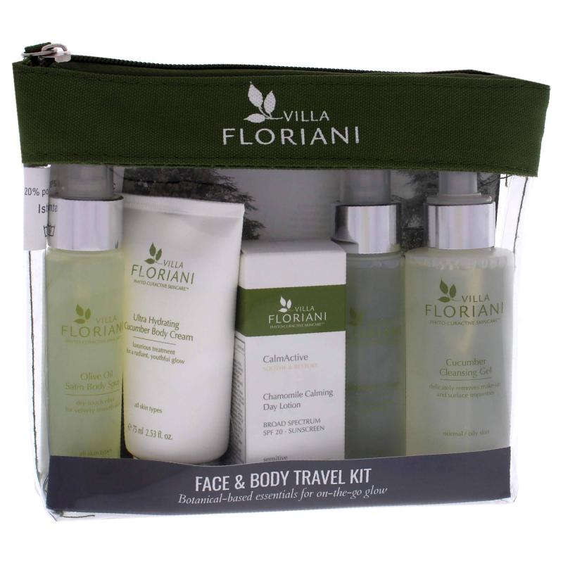 Face and Body Travel Kit by Villa Floriani for Women - 5 Pc 3.4oz Cucumber Cleansing GEL, 1.69oz Cucumber Toner, 0.68oz Chamomile Calming Day Lotion SPF20, 2.53 Ultra Hydrating Cucumber Body Cream, 1.69oz Olive Oil Satin Body Spray