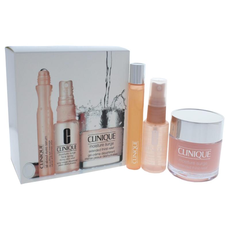 All About Moisture Kit by Clinique for Unisex - 3 Pc Kit 2.5oz Moisture Surge 100-Hour Auto-Replenishing Hydrato, 1oz Moisture Surge Face Spray Thirsty Skin Relief, 0.5oz All About Eyes Serum De-Puffing Eye Massage Roll-on