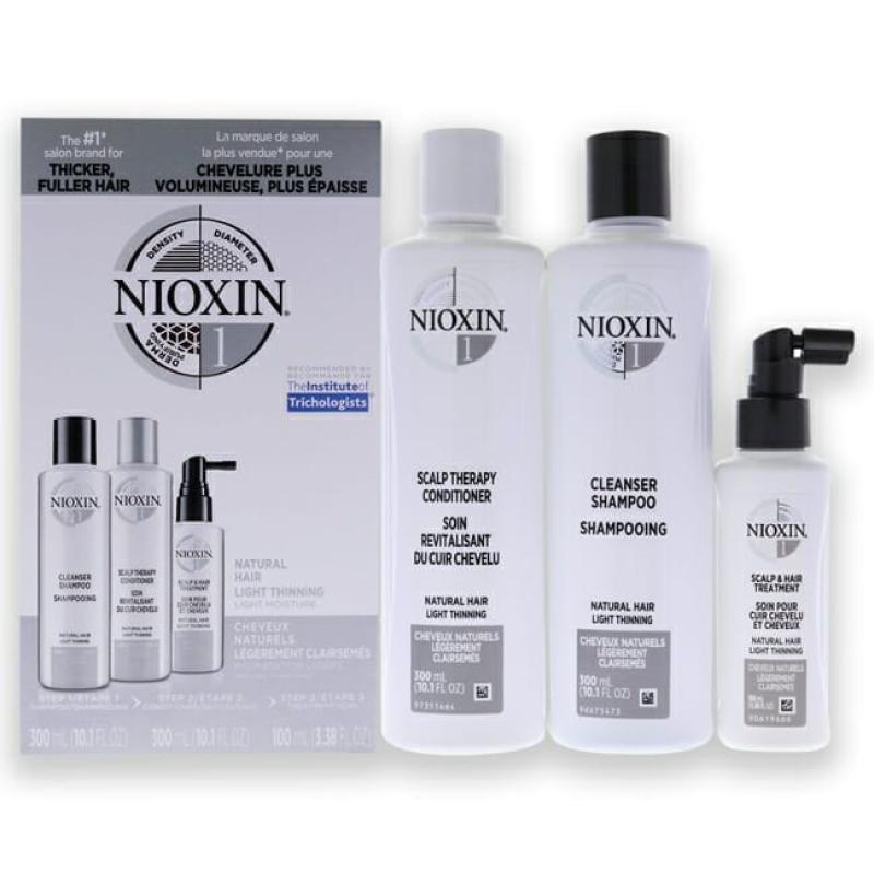 System 1 Kit by Nioxin for Unisex - 3 Pc 10.1oz Cleanser Shampoo, 10.1 oz Scalp Therapy Conditioner, 1Liter Scalp and Hair Treatment