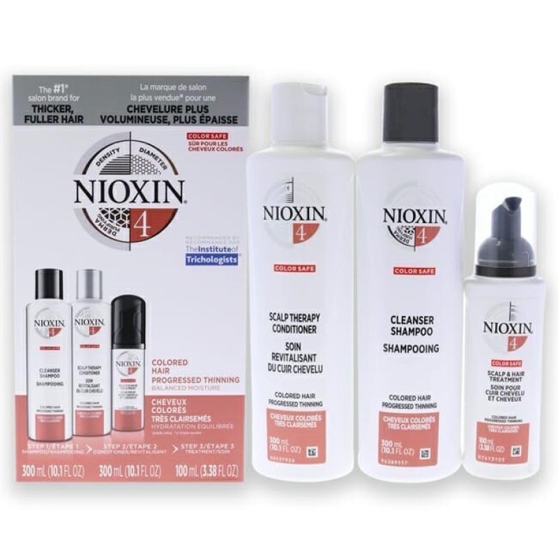 System 4 Kit by Nioxin for Unisex - 3 Pc 10.1oz Color Safe Cleanser Shampoo, 10.1 oz Color Safe Scalp Therapy Conditioner, 1Liter Color Safe Scalp and Hair Treatment