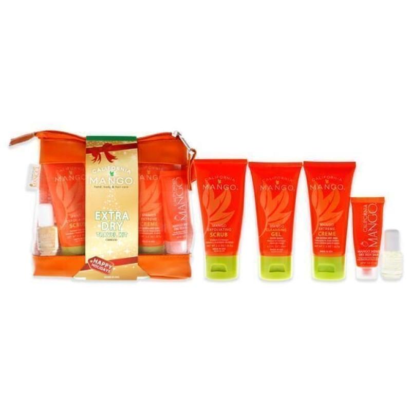 Mango to Go Travel Kit - Extra Dry Skin by California Mango for Unisex - 6 Pc 2.2oz Exfoliating Scrub, 2.2oz Cleansing Gel, 2.2oz Extreme Creme, 0.5oz Mango Mend, 0.13 oz Magic Cuticle Oil, Travel Bag