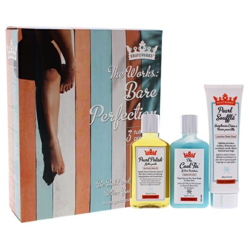 The Works Bare Perfection Kit by Shaveworks for Unisex - 3 Pc 5.3oz Cool Fix Gel Lotion, 5.3oz Pearl Souffle Shave Cream, 5.3oz Pearl Polish Dual Action Body Oil