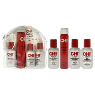 Protect And Hold On The Go Styling Kit by CHI for Unisex - 4 Pc 2oz Infra Shampoo, 2oz Infra Treatment, 2.6oz Helmet Head Hair Spray, 2oz Silk Infusion