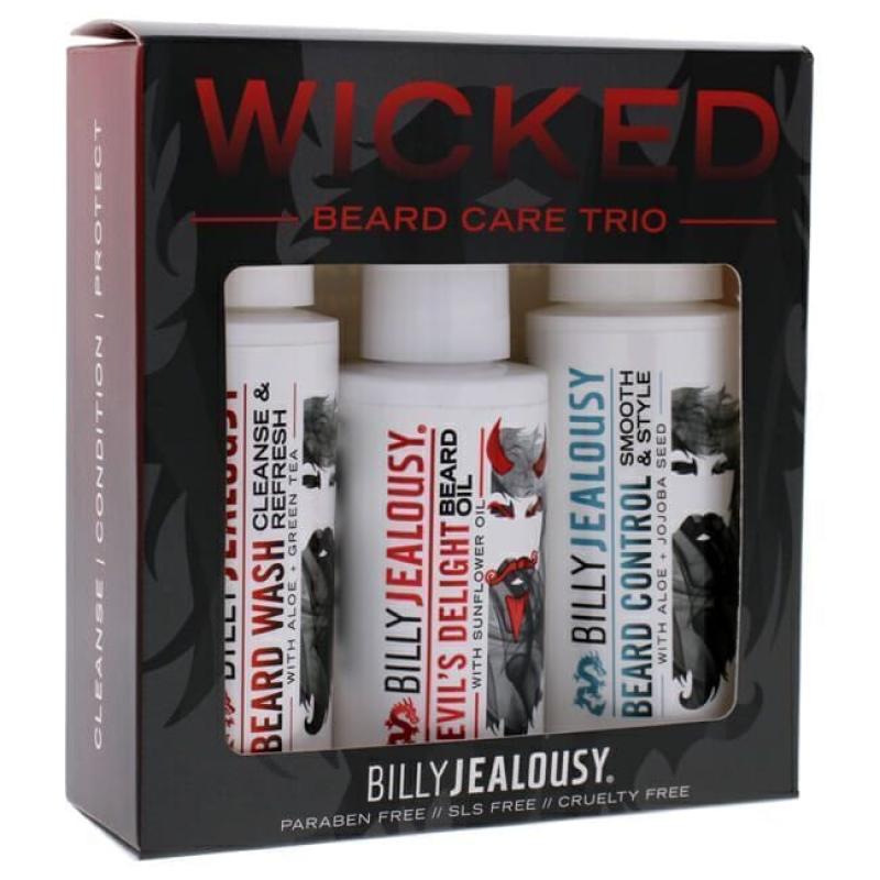 Wicked Beard Trio Kit by Billy Jealousy for Men - 3 Pc 2oz Beard Wash Cleanse and Refresh, 2oz Beard Control Smooth and Style, 2oz Devils Delight Beard Oil