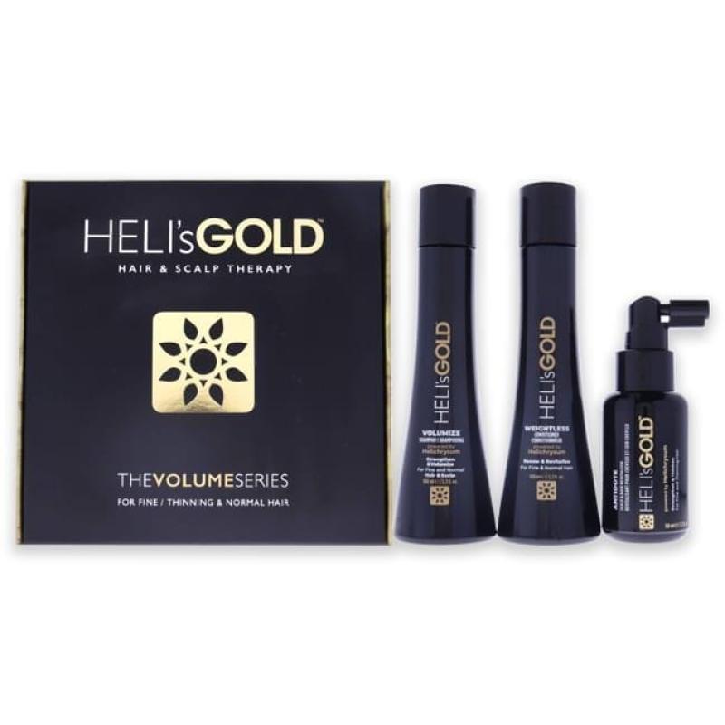 The Volume Series Travel Kit by Helis Gold for Unisex - 3 Pc 3.3oz Weightless Conditioner, 3.3oz Volumize Shampoo, 1.7oz Antidote Scalp and Hair Revitalizer