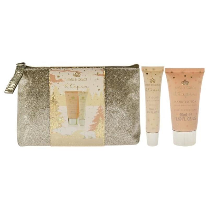 Utopia Glitter Bag Set by Style and Grace for Women - 3 Pc 1.7oz Hand Lotion, 0.34oz Lip Gloss, Sequin Bag