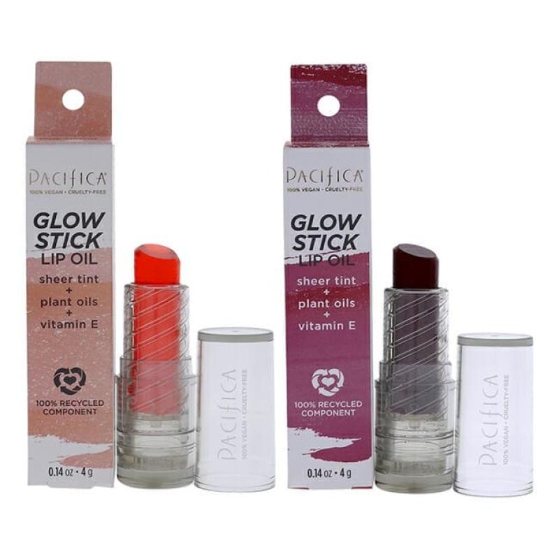 Glow Stick Lip Oil Kit by Pacifica for Women - 2 Pc Kit 0.14oz Lip Oil - Crimson Crush, 0.14oz Lip Oil - Pale Sunset