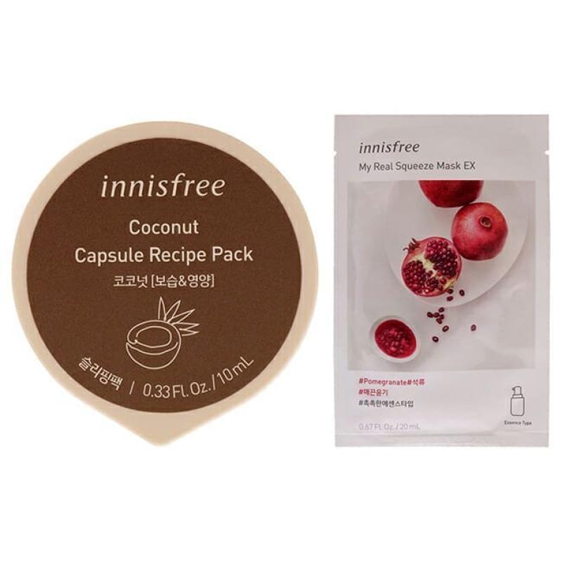 Innisfree Mask - Pomegranate and Coconut Kit by Innisfree for Unisex - 2 Pc Kit 0.67oz My Real Squeeze Mask - Pomegranate, 0.33oz Capsule Recipe Pack Mask - Coconut