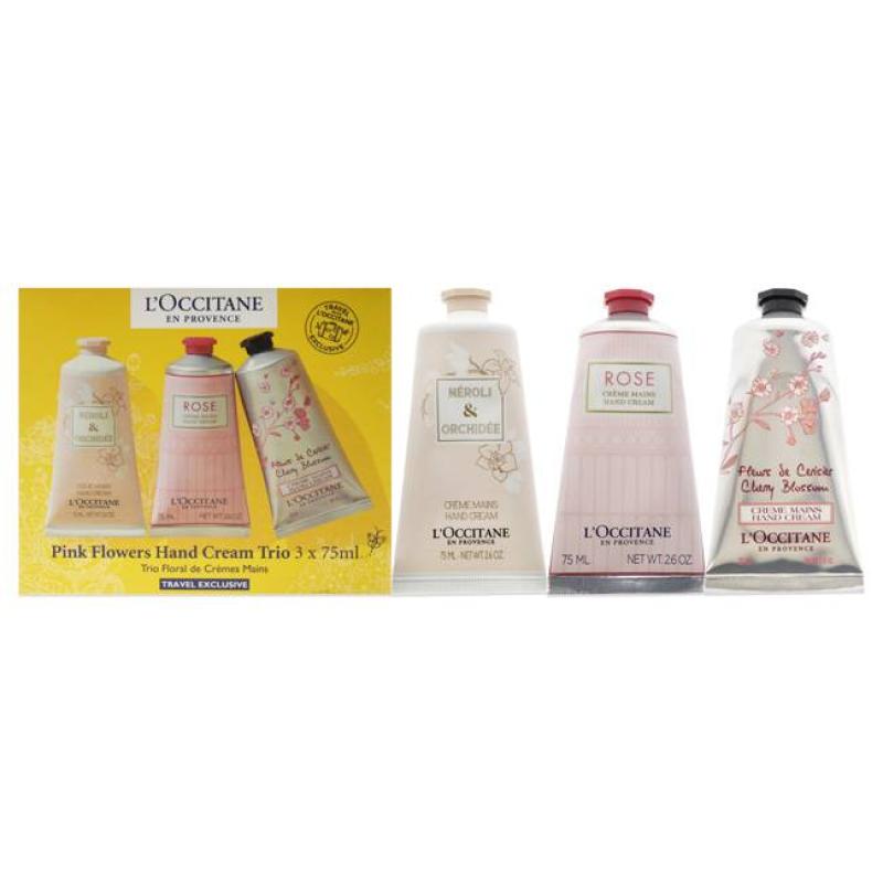 Pink Flowers Hand Cream Trio by LOccitane for Unisex - 3 x 2.6 oz Neroli and Orchidee Hand Cream, Rose Hand Cream, Cherry Blossom Hand Cream