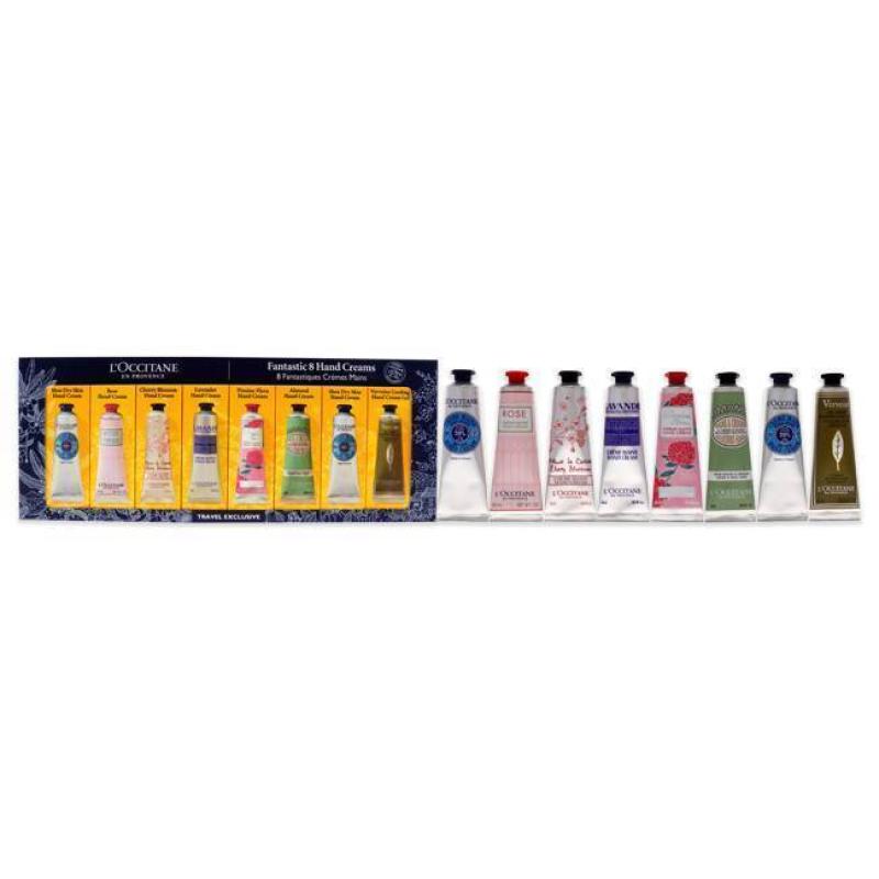 Fantastic 8 Hand Creams Kit by LOccitane for Unisex - 8 x 1 oz 2 Shea Dry Skin, Rose, Cherry Blossom, Lavender, Pivoine Flora, Almond, Verveine Cooling Hand Cream Gel