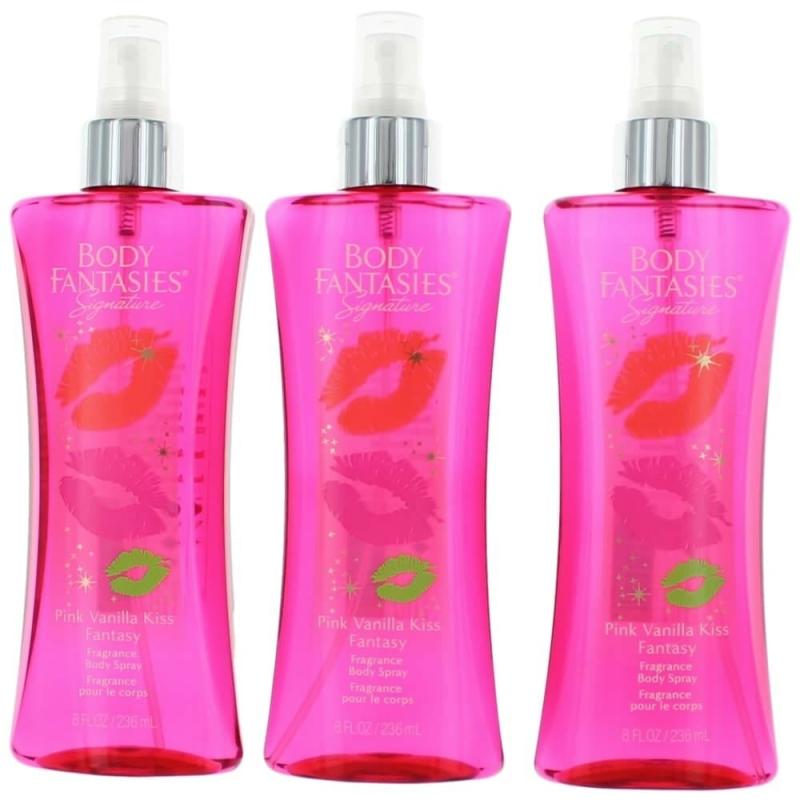 Pink Vanilla Kiss Fantasy By Body Fantasies, 3 Pack 8 Oz Fragrance Body Spray For Women